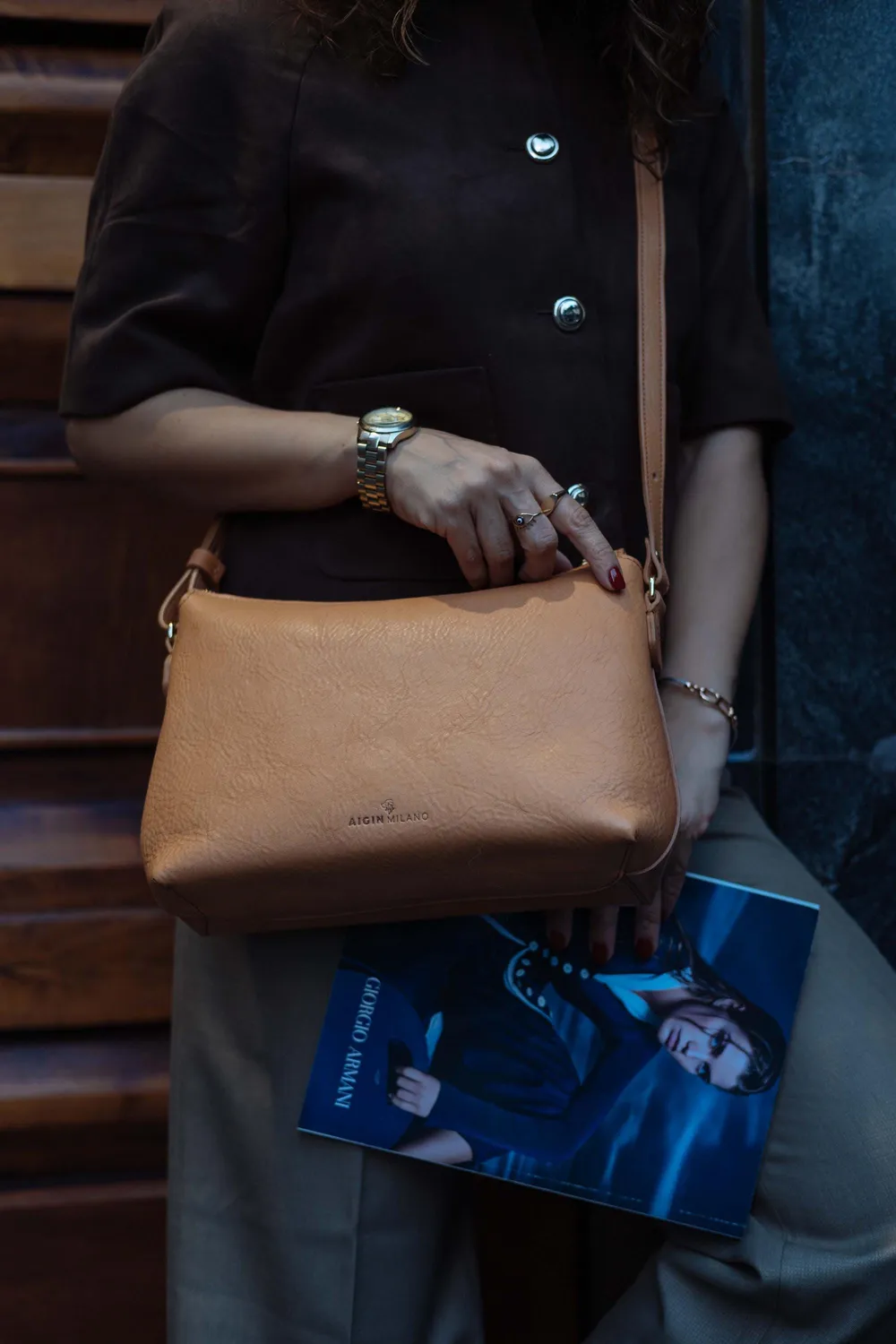 Aigin Milano Minimal Crossbody borsa pelle miele
