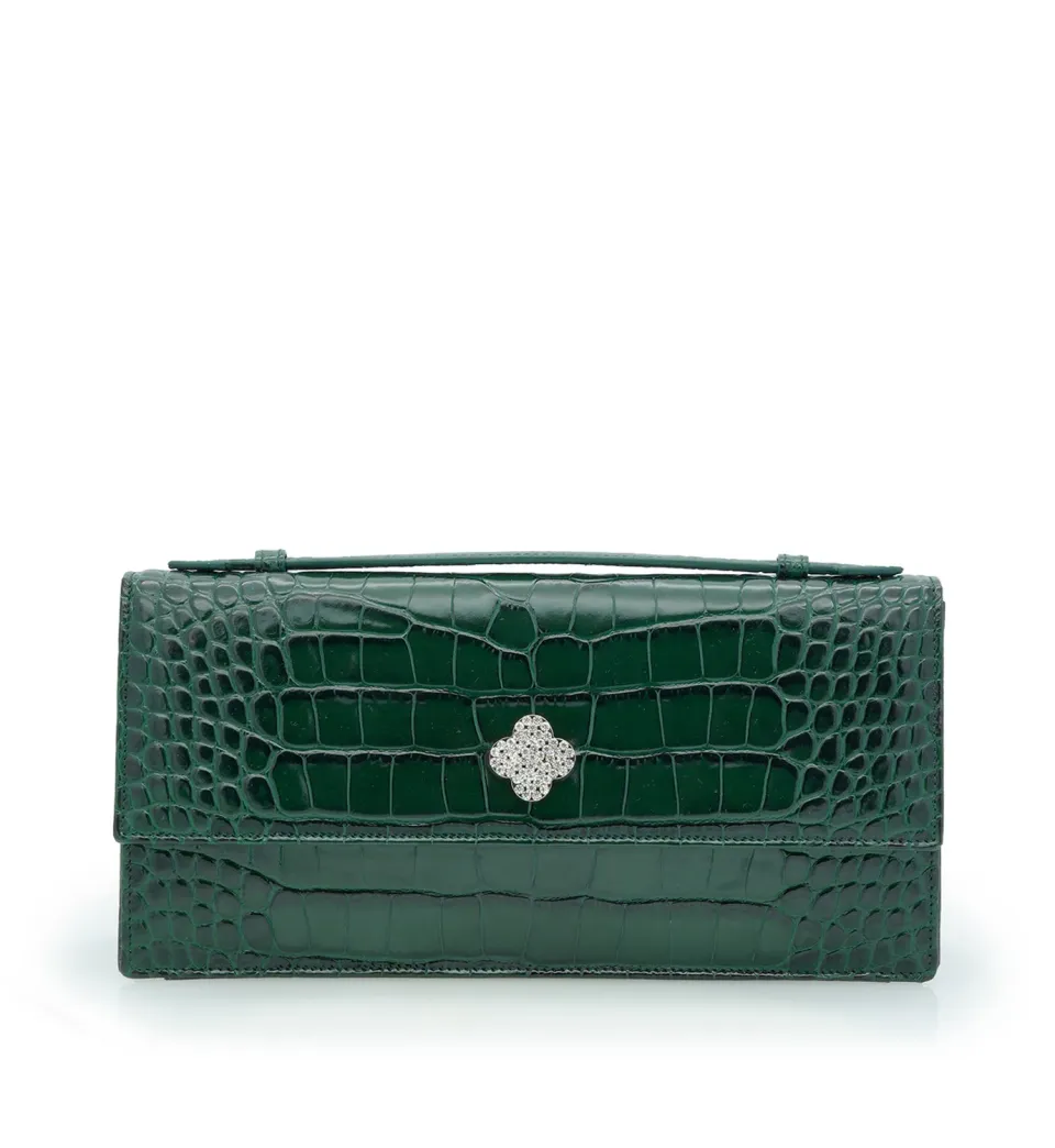 Cardinal Milano Time 22 clutch verde vitello stampa coccodrillo