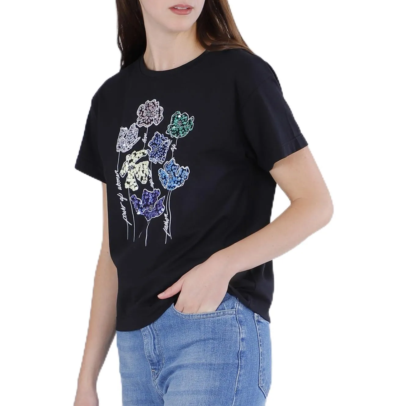 CafèNoir T-Shirt Fiori Pailettes Cotone M