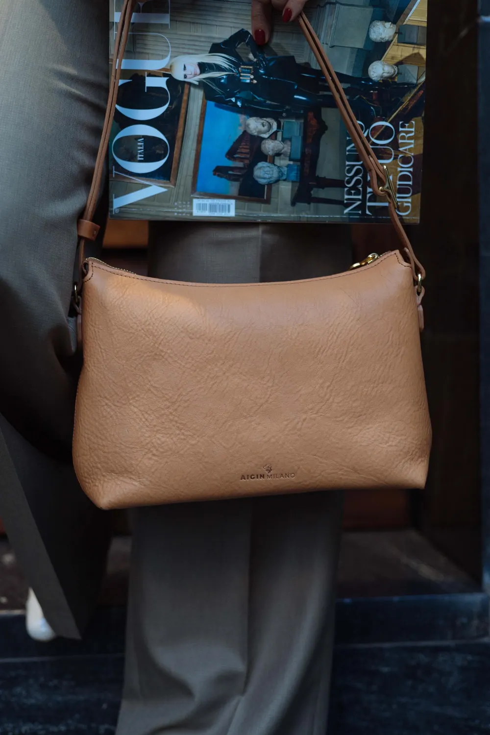 Aigin Milano Minimal Crossbody borsa pelle miele
