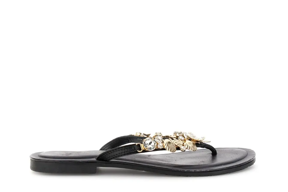 CafèNoir Infradito Flat Pelle Nero Gioiello 1,4 cm