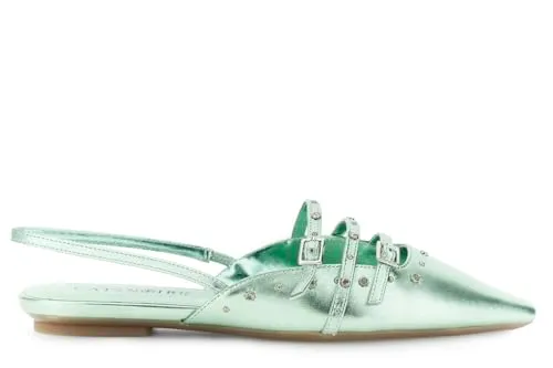 CafèNoir Slingback Pelle Laminata Borchie Strass Acqua Marina