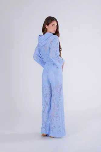 CafèNoir Pantaloni Palazzo in Pizzo Cotone Celeste S