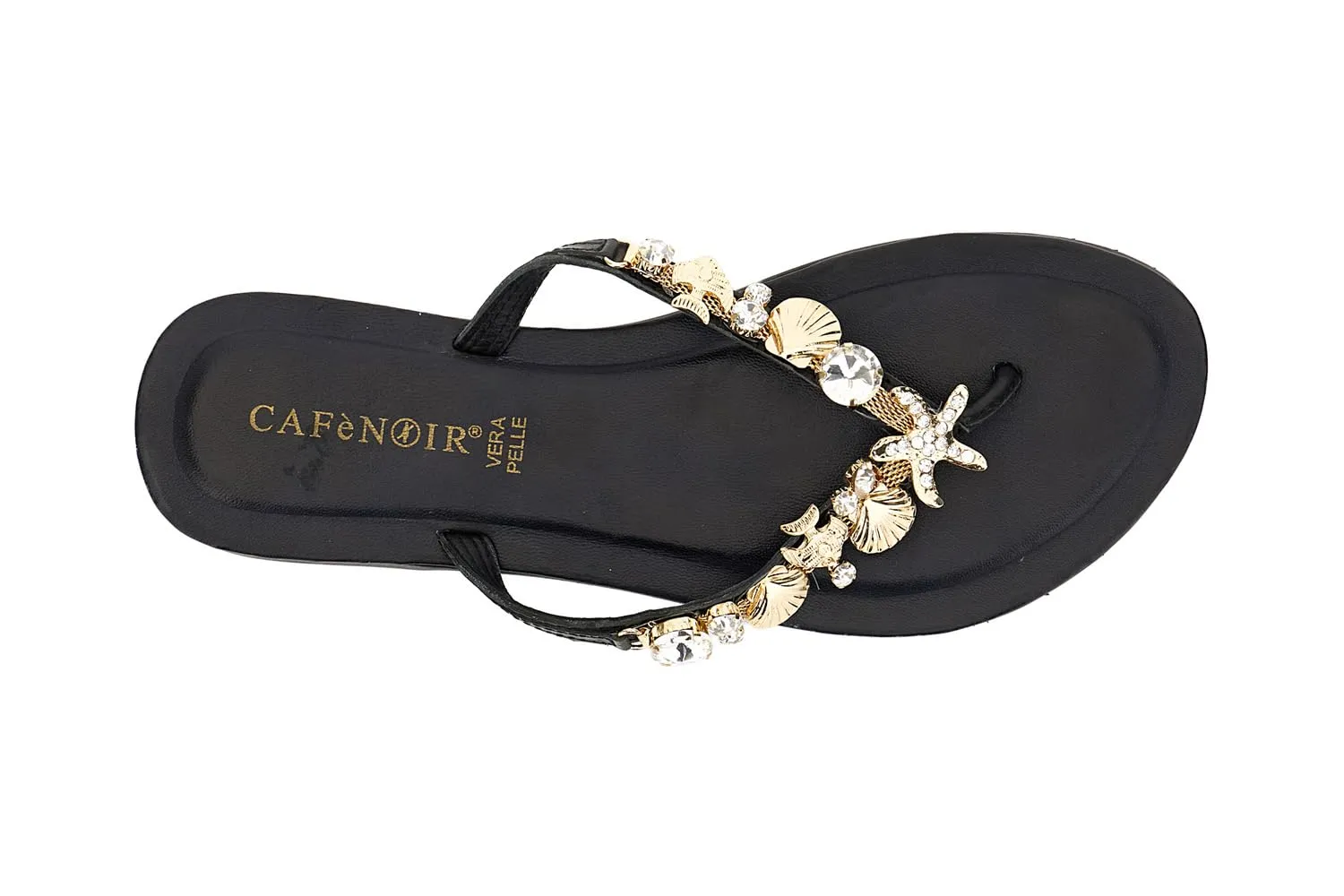 CafèNoir Infradito Flat Pelle Nero Gioiello 1,4 cm