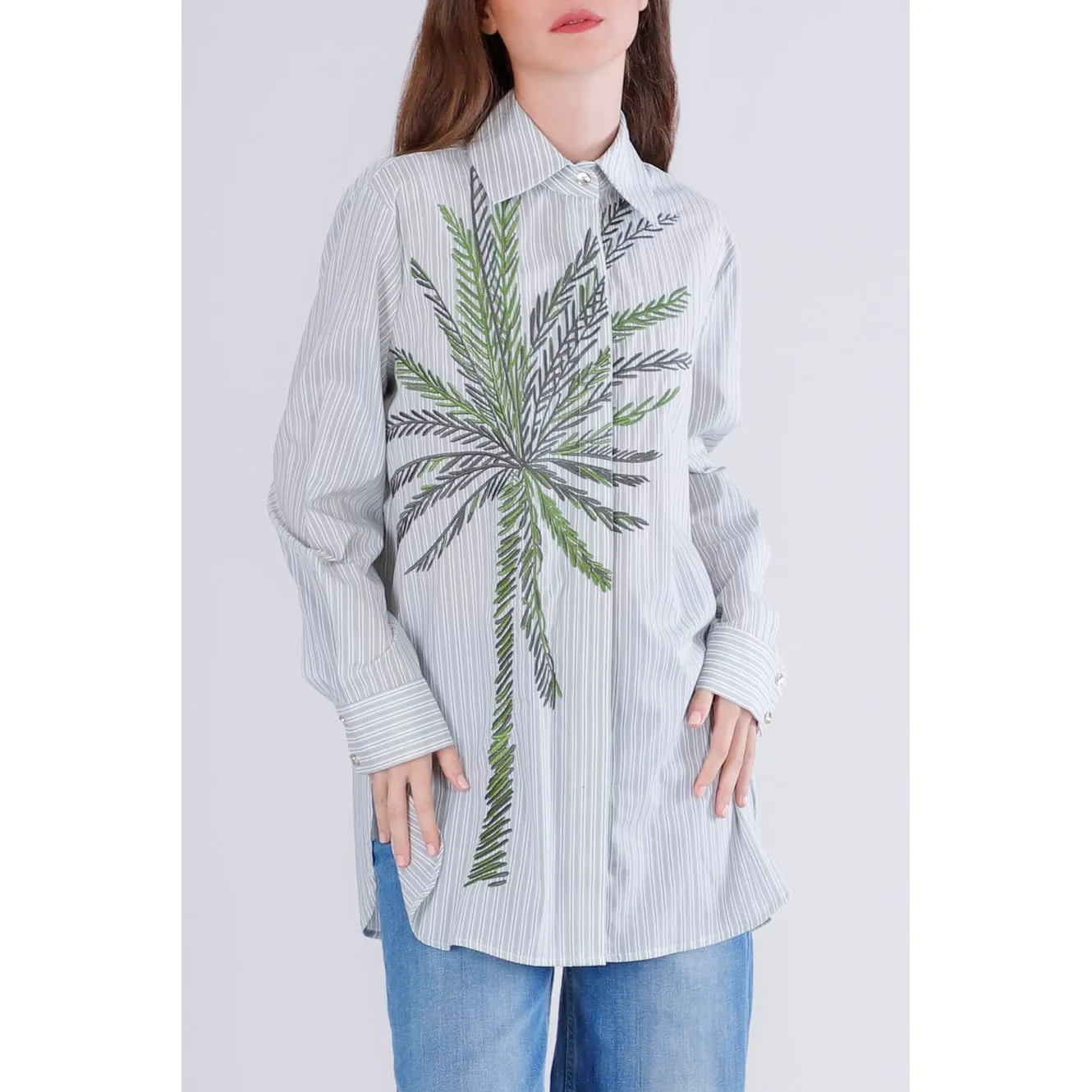 CafèNoir Camicia Rigata Palma Ricamata Multiverde S