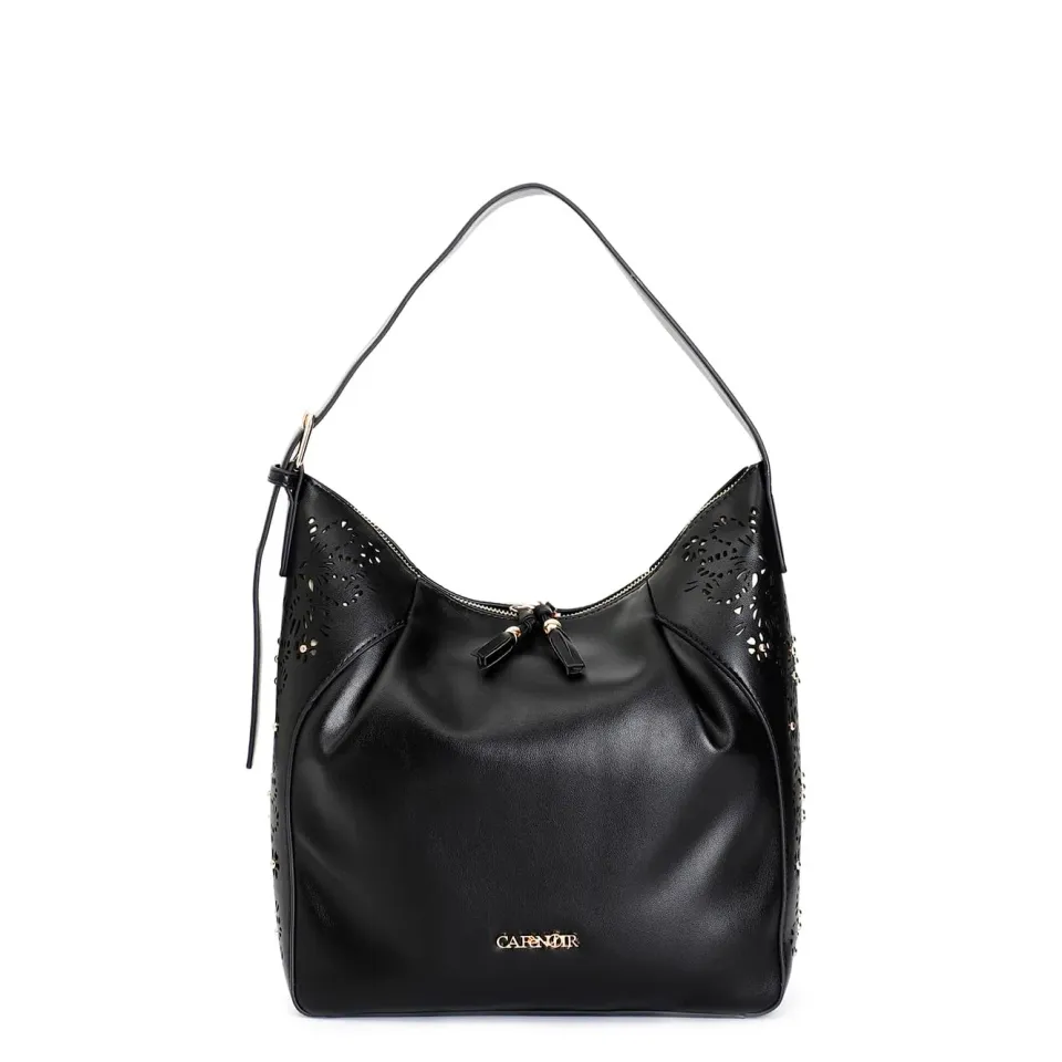 CafèNoir Sacca Pieghe Borsa Nera Laseratura Floreale