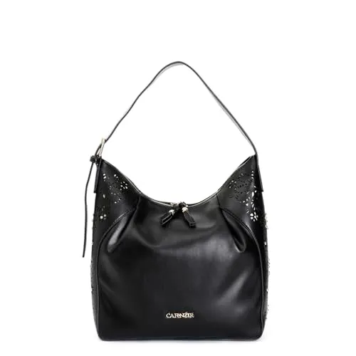 CafèNoir Sacca Pieghe Borsa Nera Laseratura Floreale