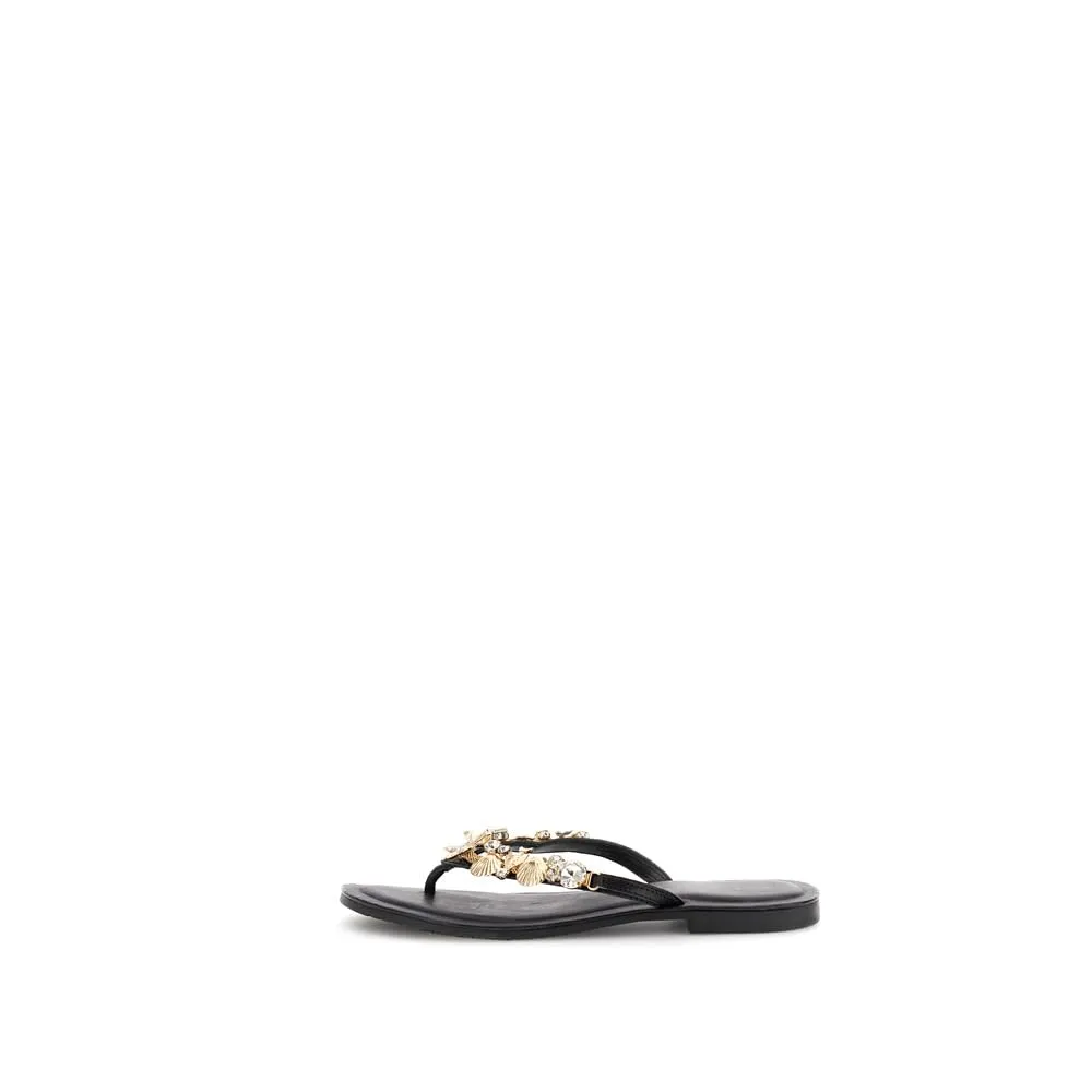 CafèNoir Infradito Flat Pelle Nero Gioiello 1,4 cm