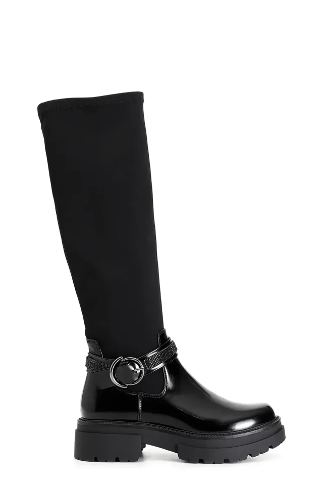 CafèNoir stivale similpelle nero elasticizzato fibbia strass