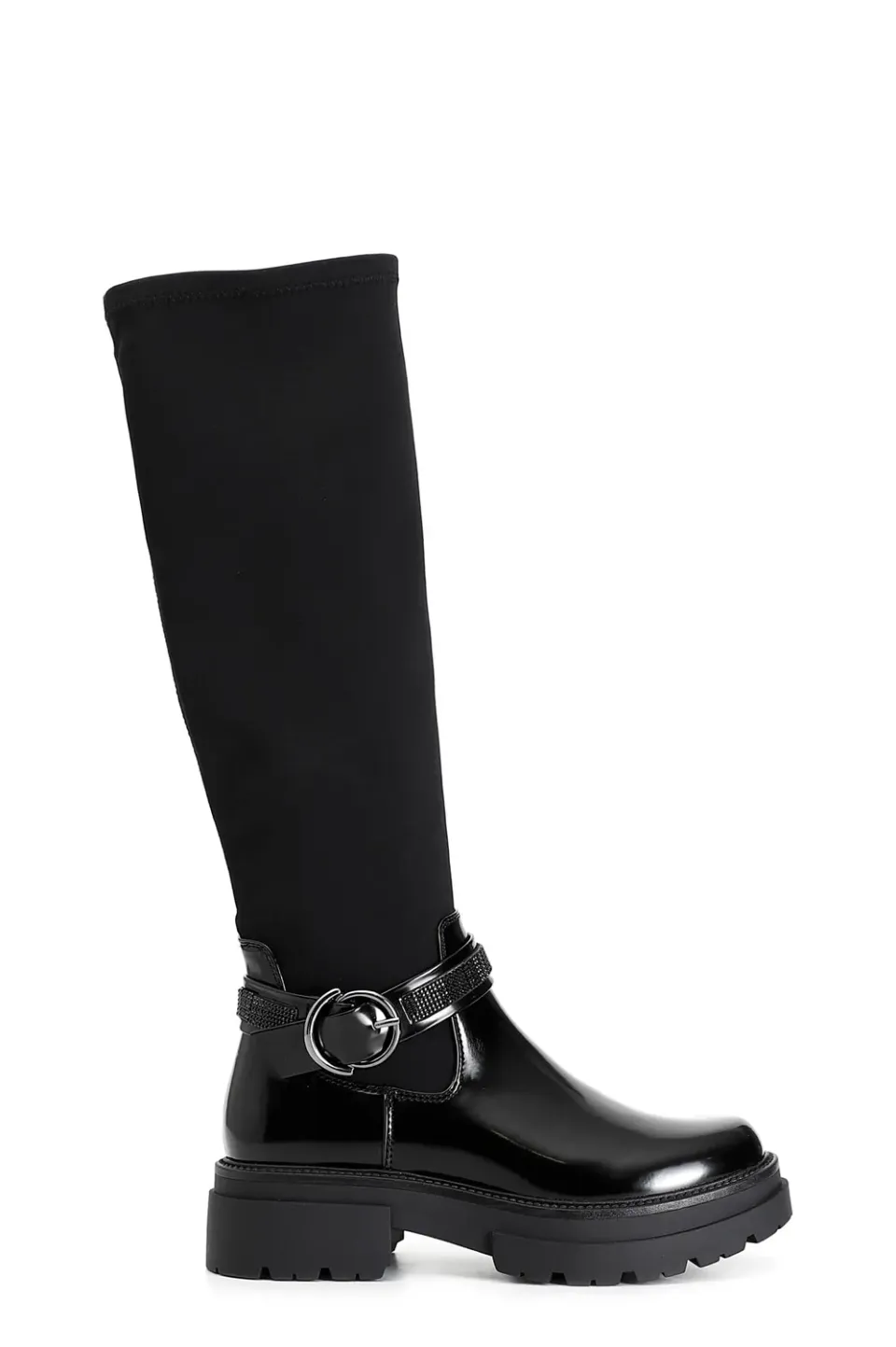 CafèNoir stivale similpelle nero elasticizzato fibbia strass