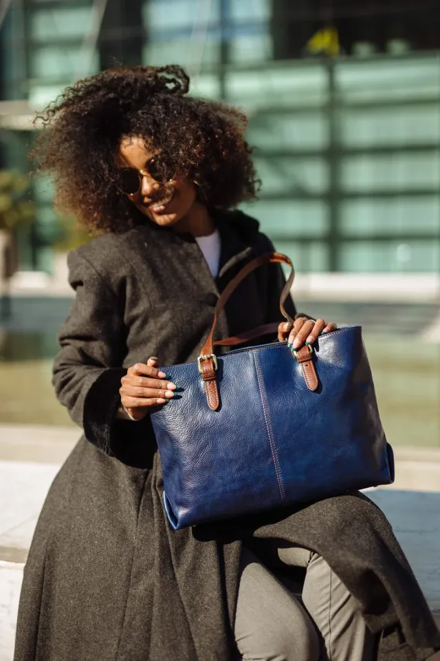 Aigin Milano Tote Borsa in Pelle Blu Concia Vegetale