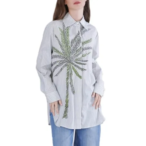CafèNoir Camicia Rigata Palma Ricamata Multiverde S