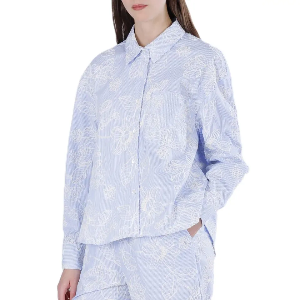 CafèNoir Camicia Over Rigata Donna Celeste S ricamata
