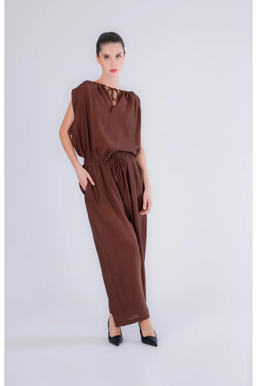 CafèNoir Pantaloni Vita Elasticata Tessuto Arricciato Cocoon Espresso M