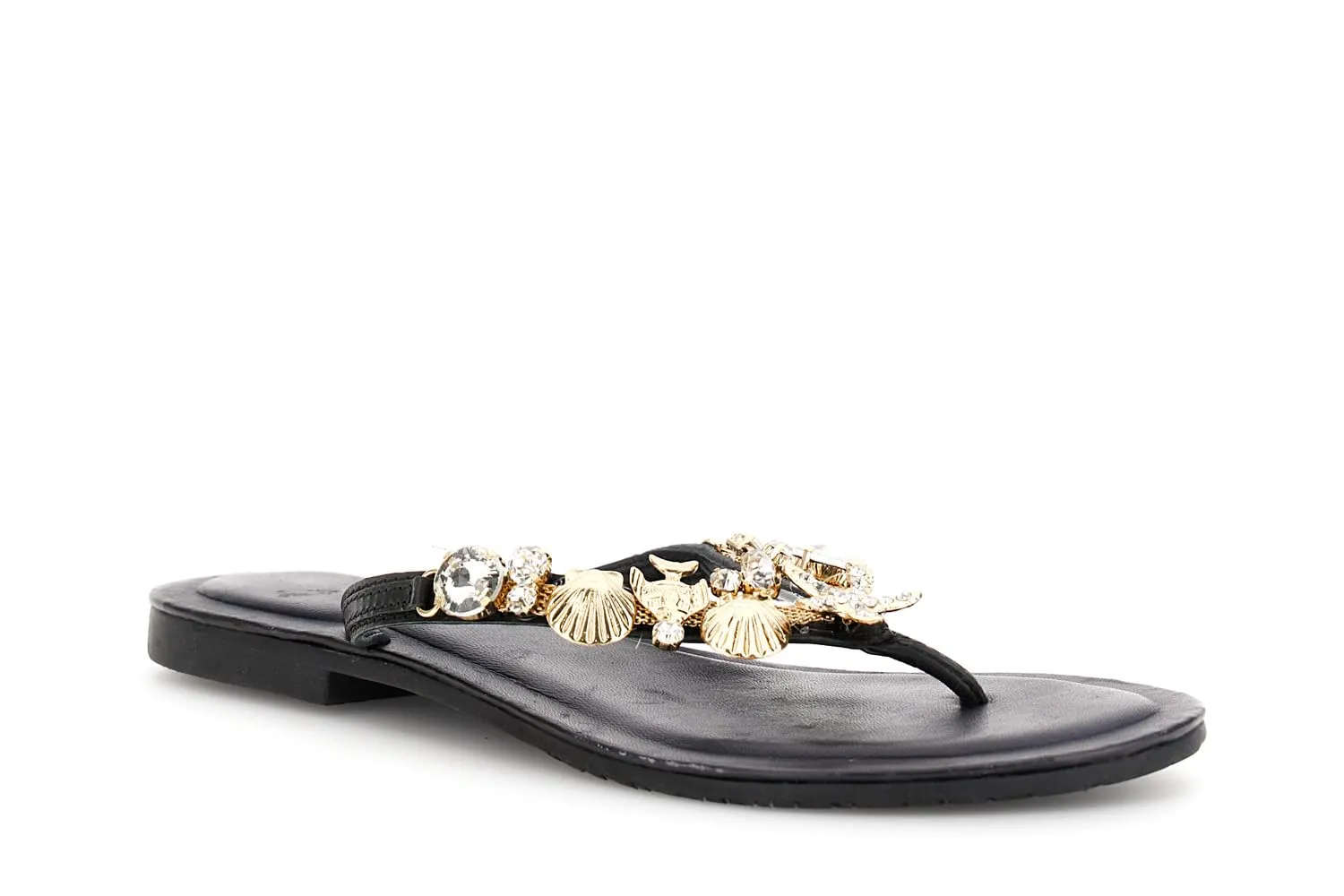 CafèNoir Infradito Flat Pelle Nero Gioiello 1,4 cm