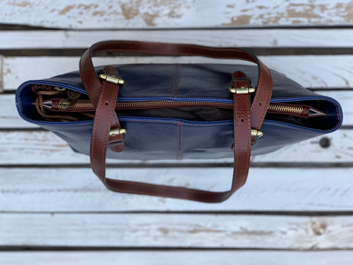 Aigin Milano Tote Borsa in Pelle Blu Concia Vegetale