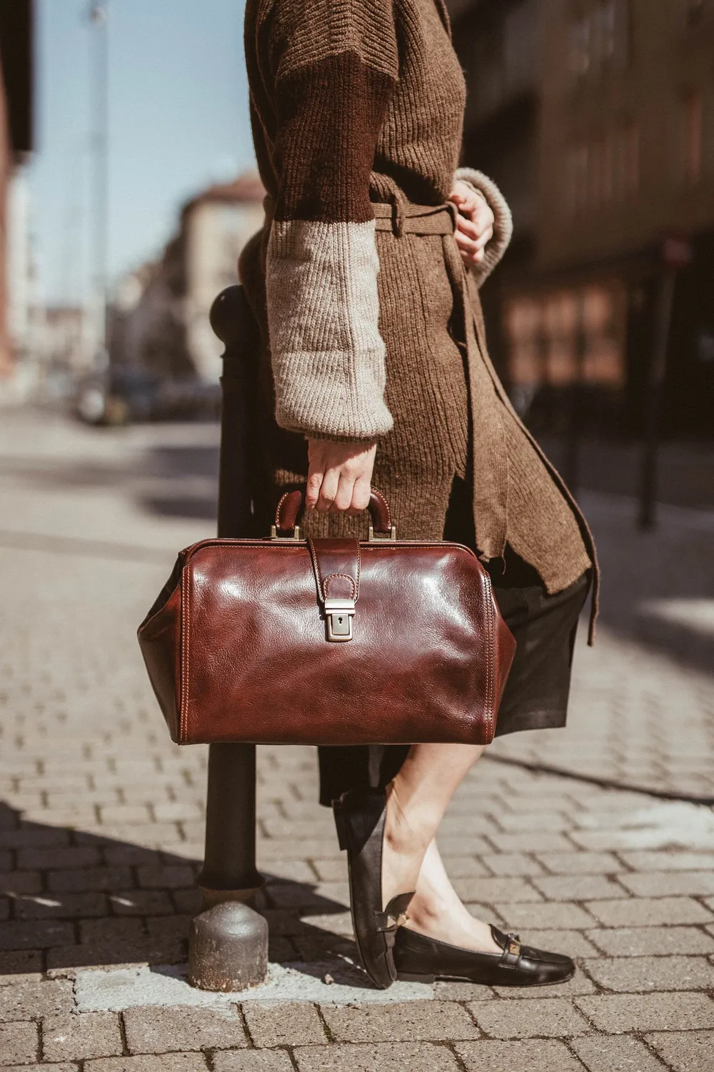 Aigin Milano Borsa da Dottore in Pelle Nera concia vegetale