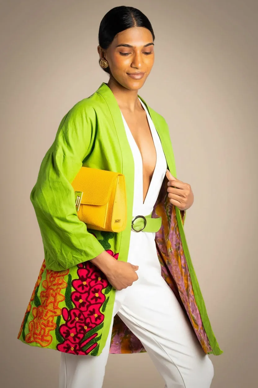 Figus Flower kimono ricamato cotone verde