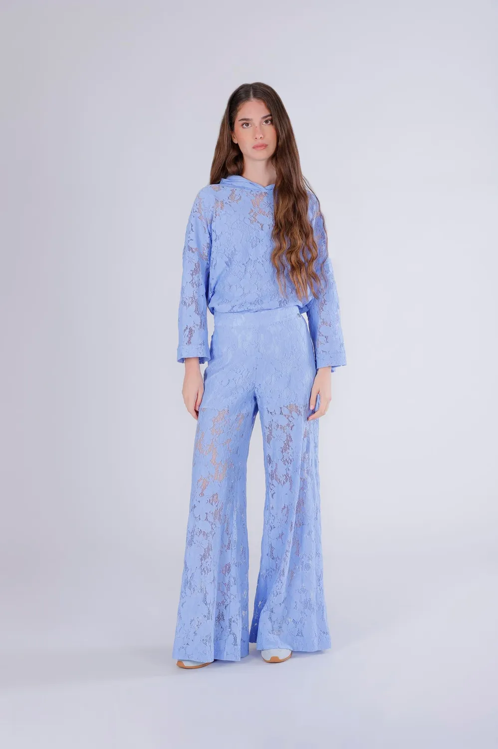 CafèNoir Pantaloni Palazzo in Pizzo Cotone Celeste S