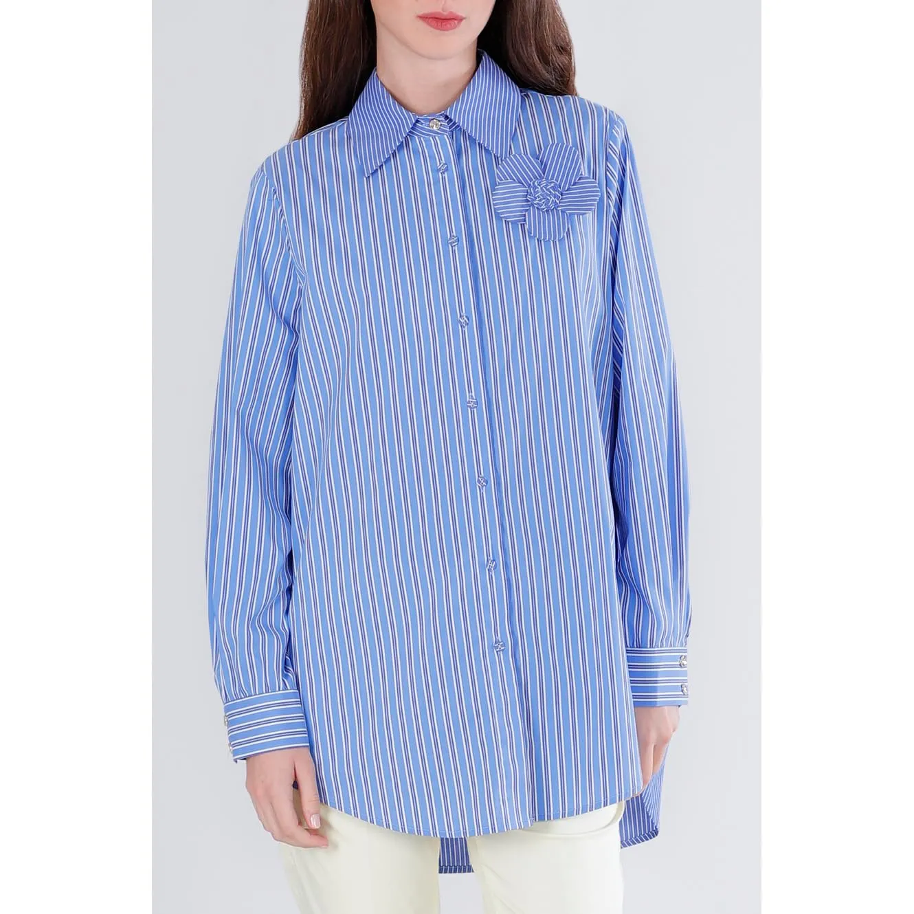 CafèNoir Camicia Rigata Fiore Applicato Celeste M
