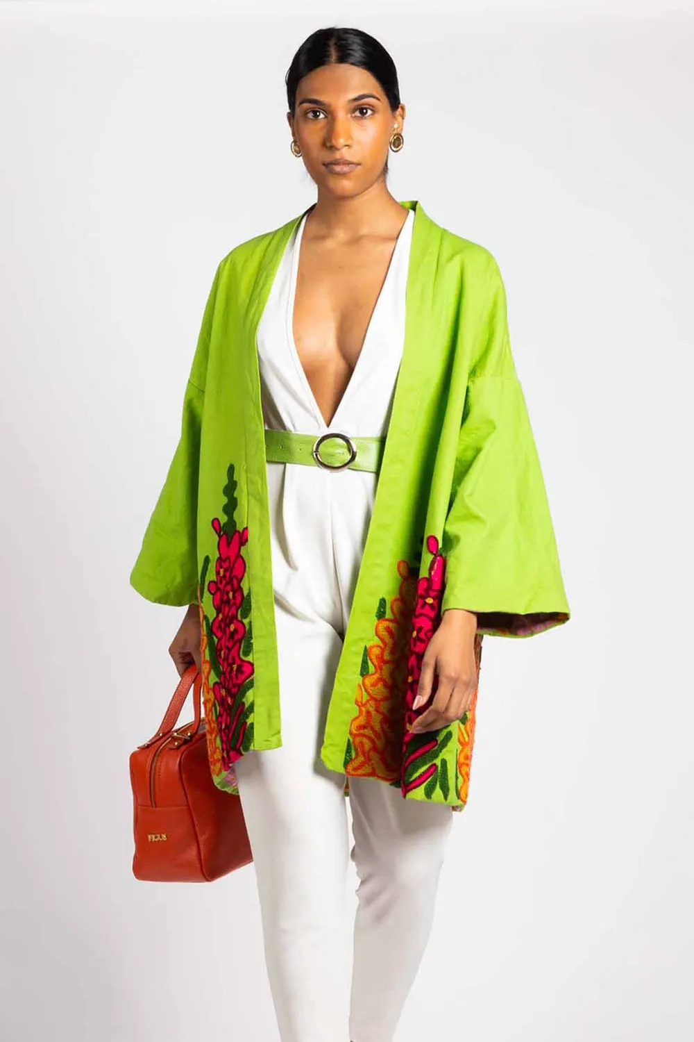 Figus Flower kimono ricamato cotone verde
