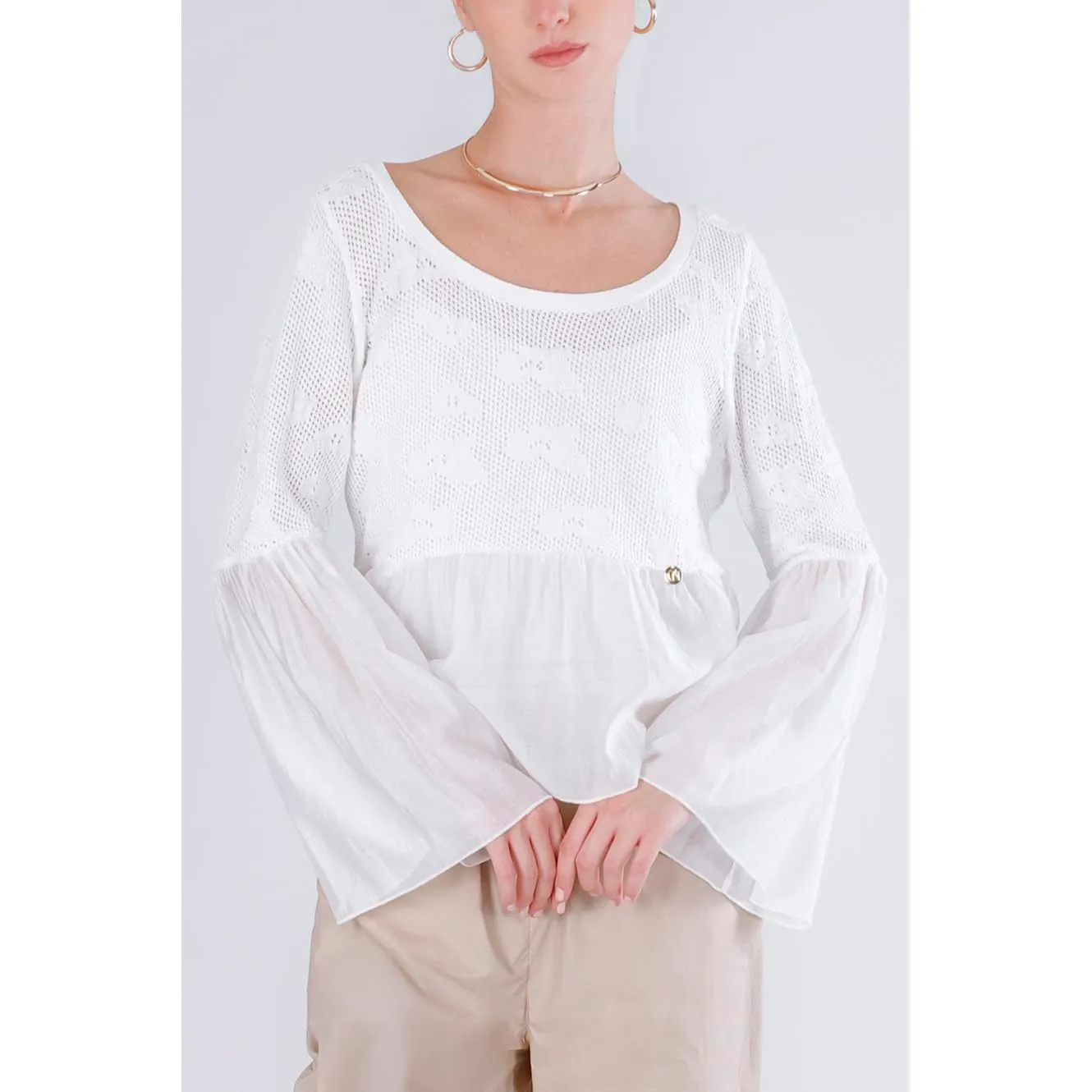 CafèNoir Maglia Cotone Punto Pizzo Balza Bianco M