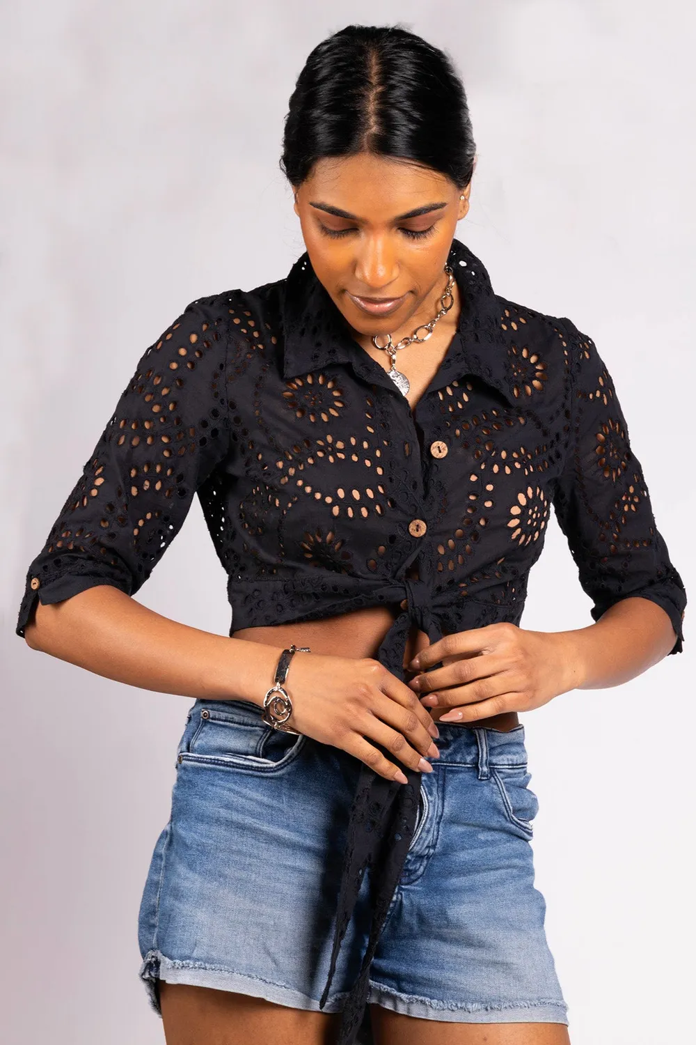 Figus Amalfi camicia sangallo nodo nera cotone