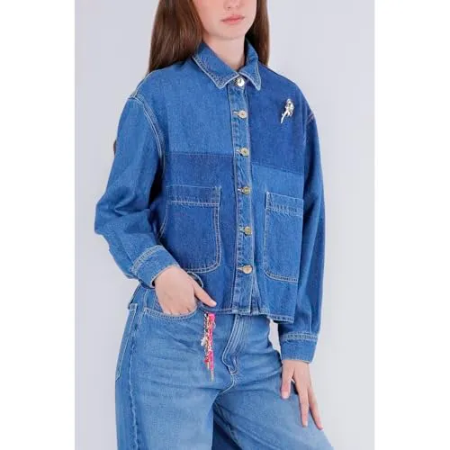 CafèNoir Giubbino Cropped Patchwork Denim spilla gioiello