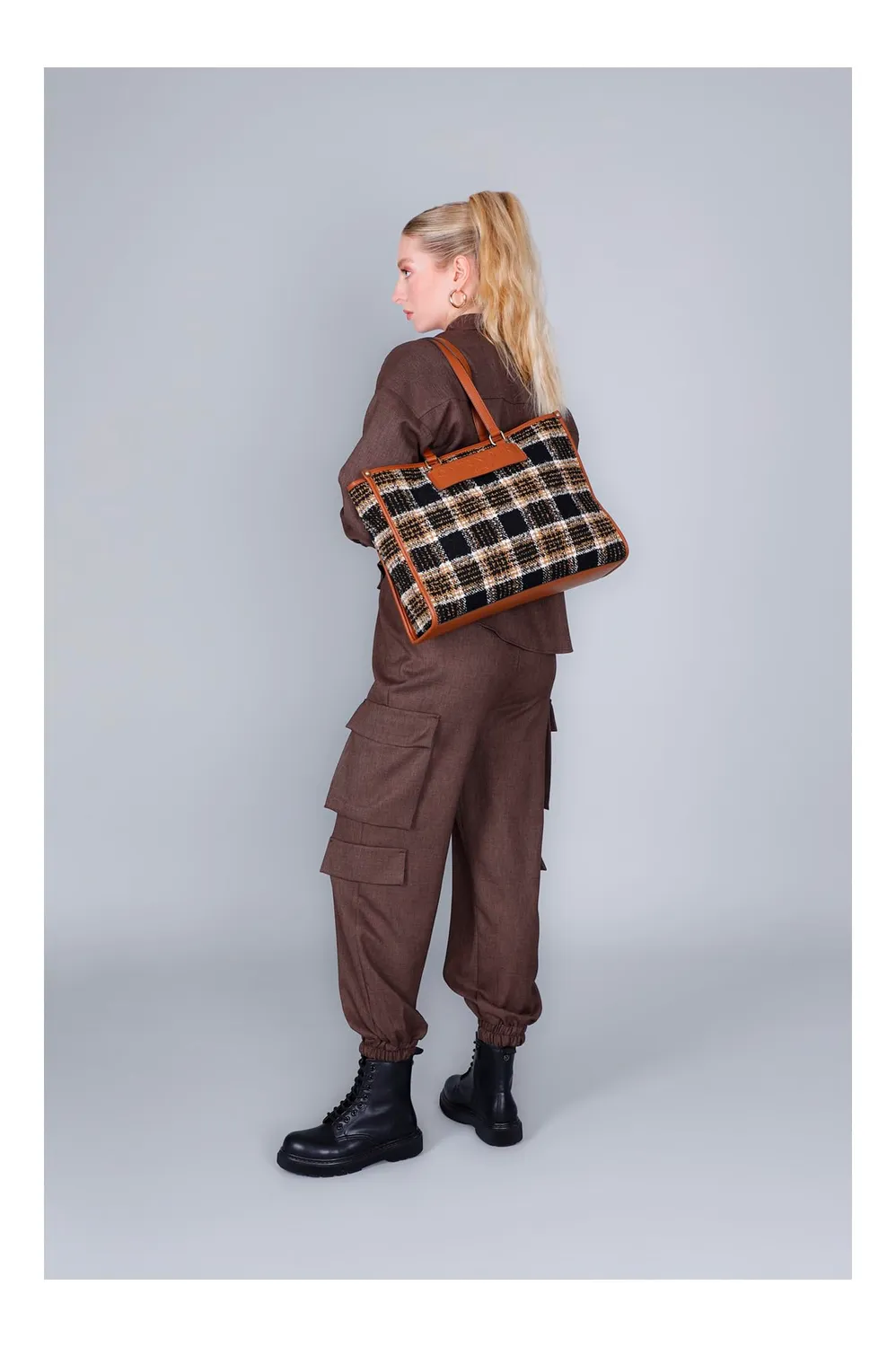 CafèNoir Quadri tote cuoio tessuto a quadri 3 scomparti