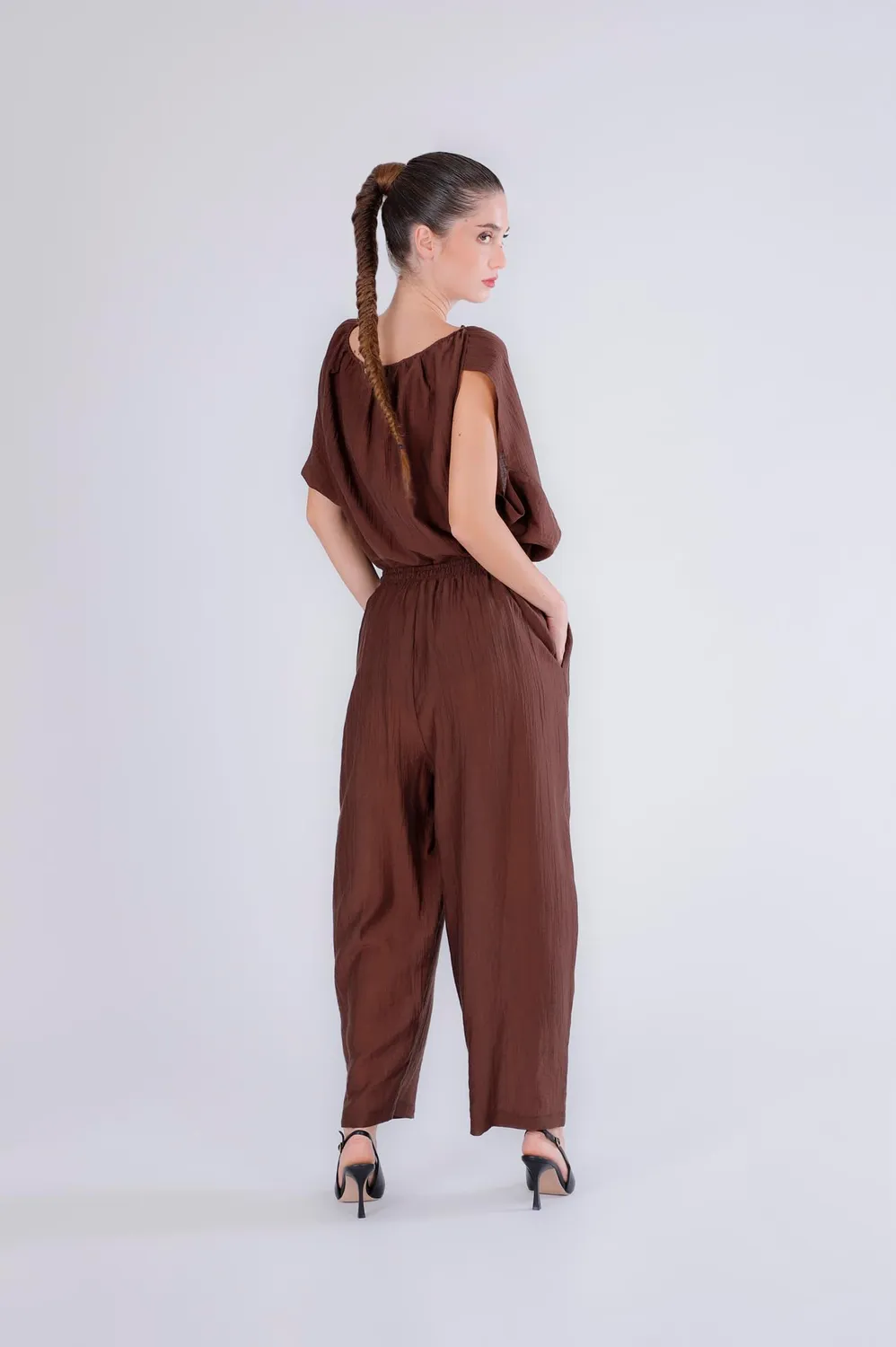 CafèNoir Pantaloni Vita Elasticata Tessuto Arricciato Cocoon Espresso M