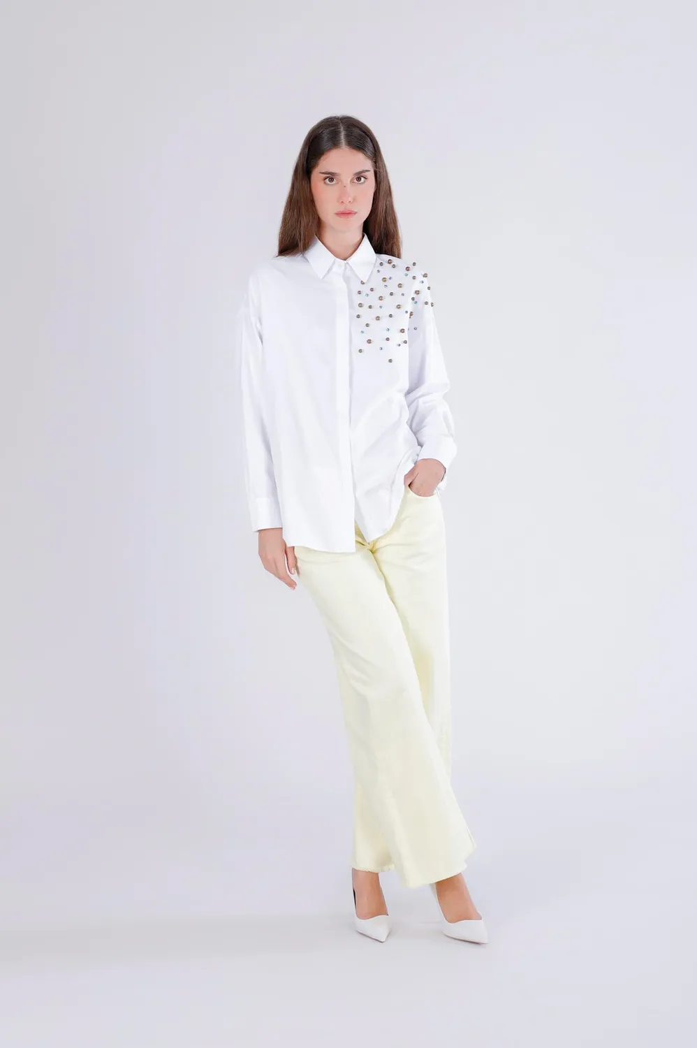 CafèNoir Camicia Oxford Strass Borchie Bianca S