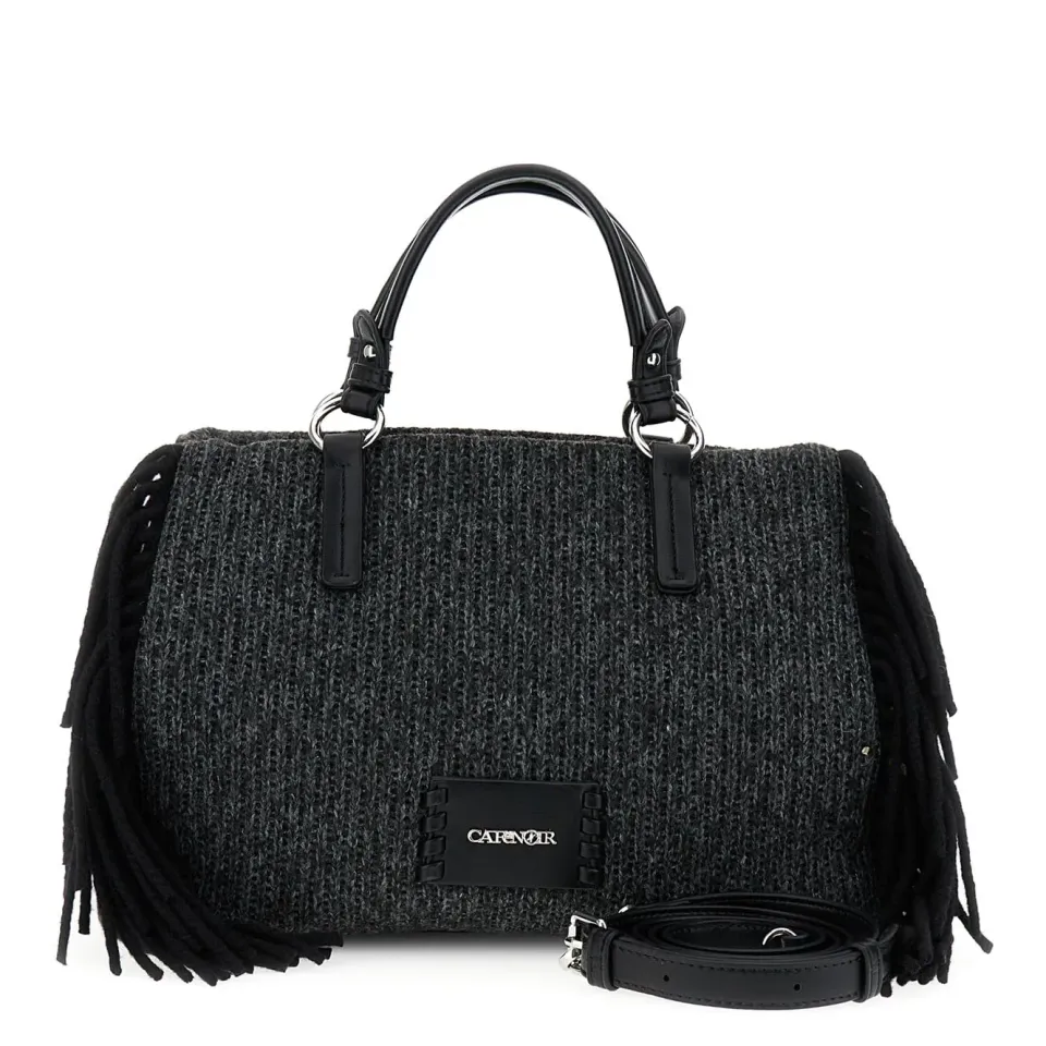 CafèNoir Borsa a Mano Maglia Nera Frange Lana