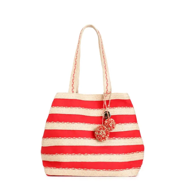 CafèNoir Shopping Bag Raffia Canvas Shopper Corallo Pompon