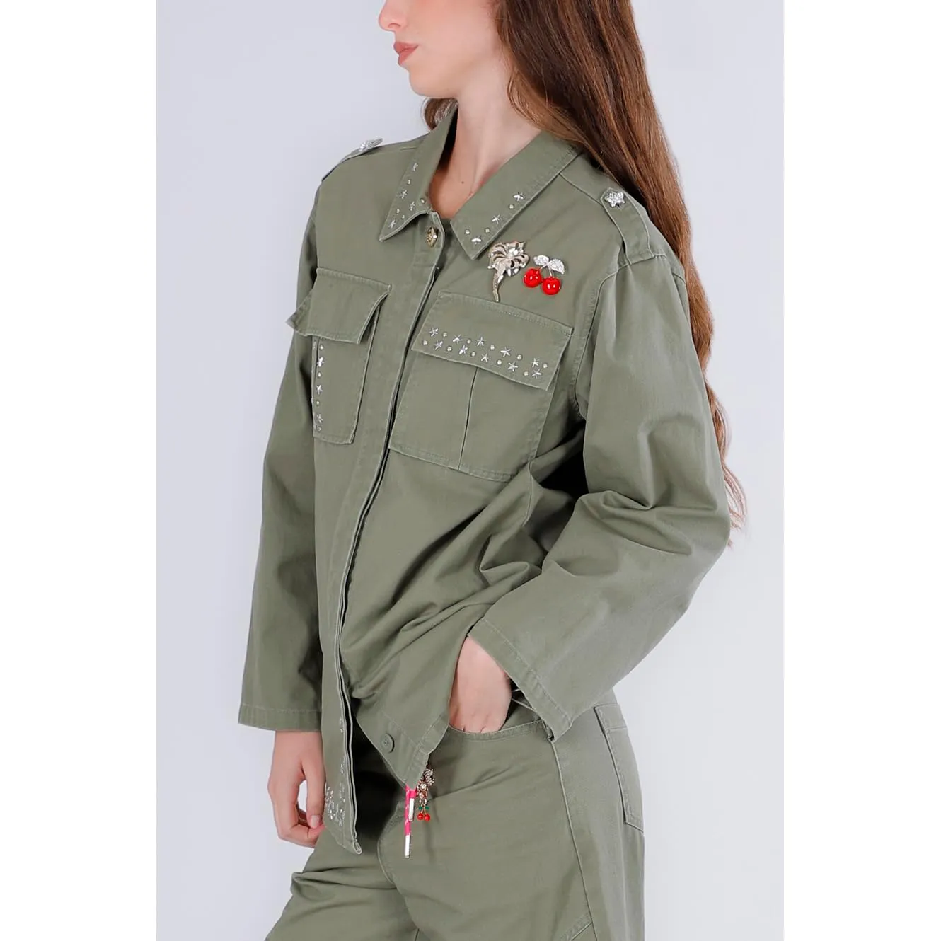 CafèNoir Camicia Gabardina Cotone Borchie Militare M
