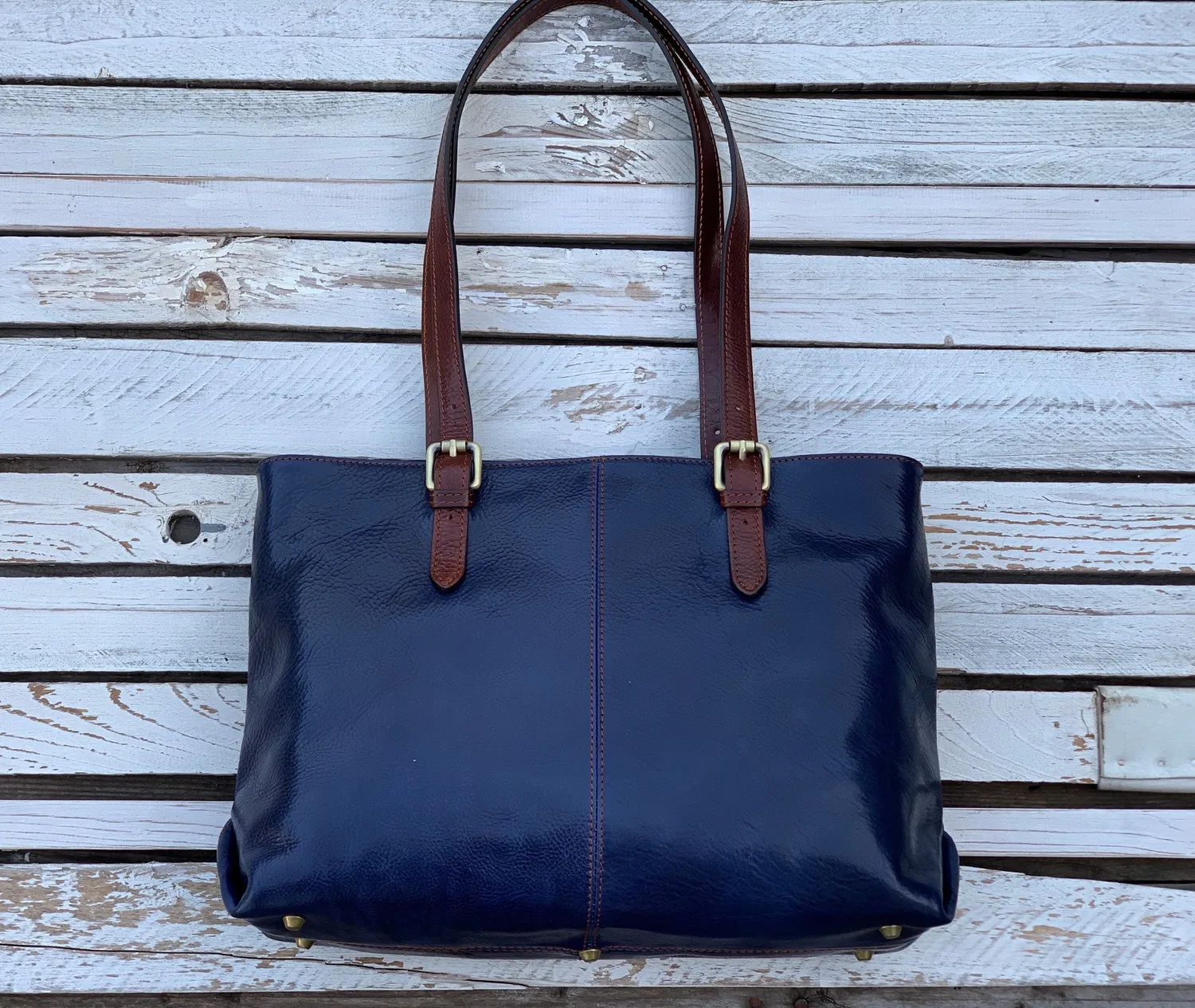 Aigin Milano Tote Borsa in Pelle Blu Concia Vegetale