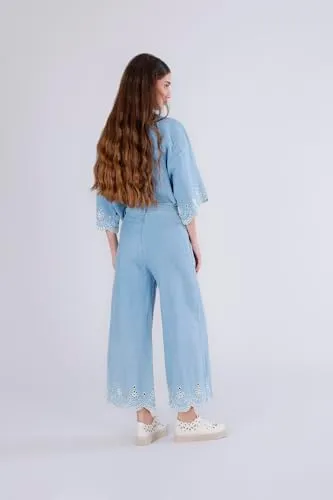 CafèNoir Wide Jeans Ricamo Fondo Pantaloni 38 Celeste