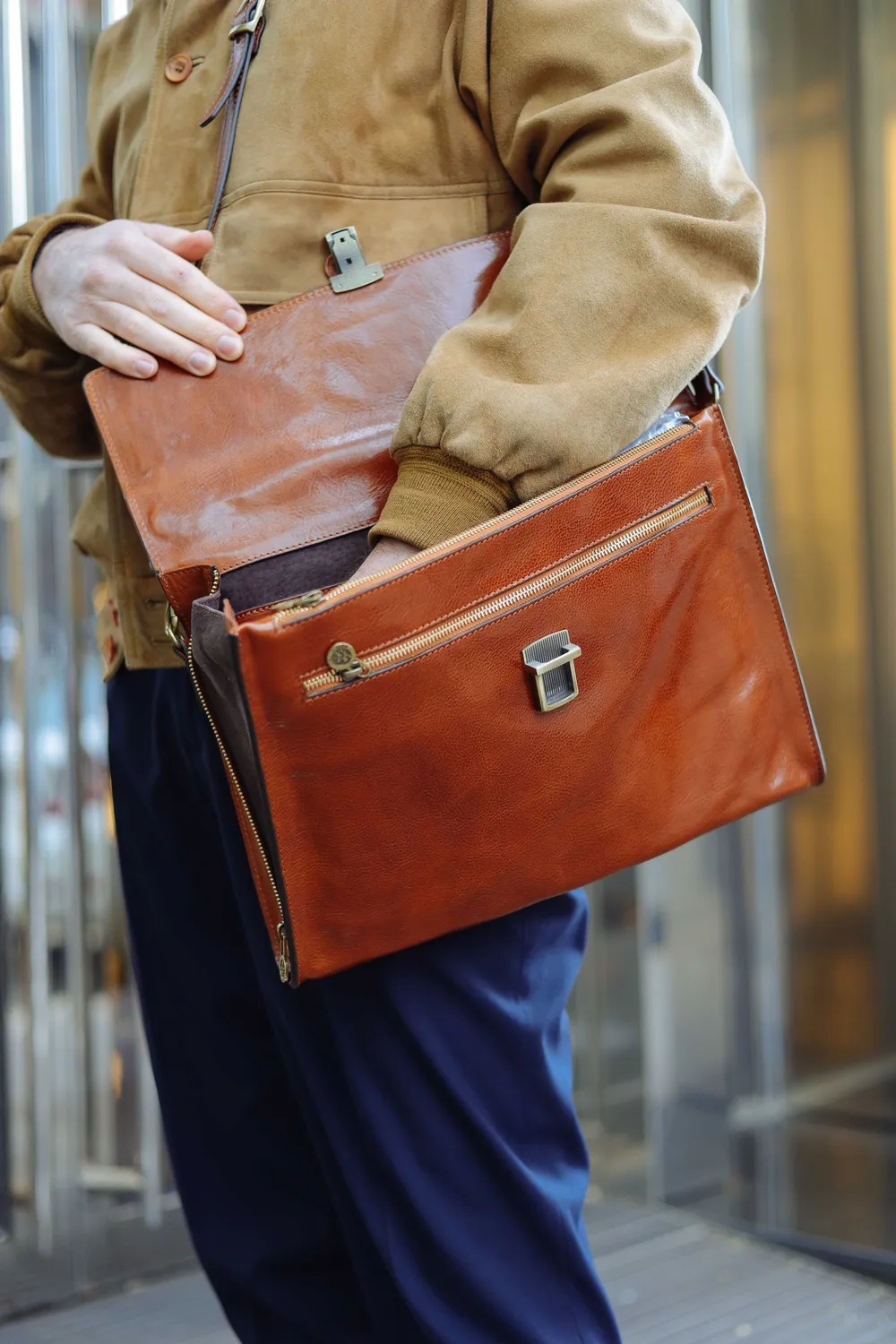 Aigin Milano Leather Briefcase Cartella Pelle Marrone PC