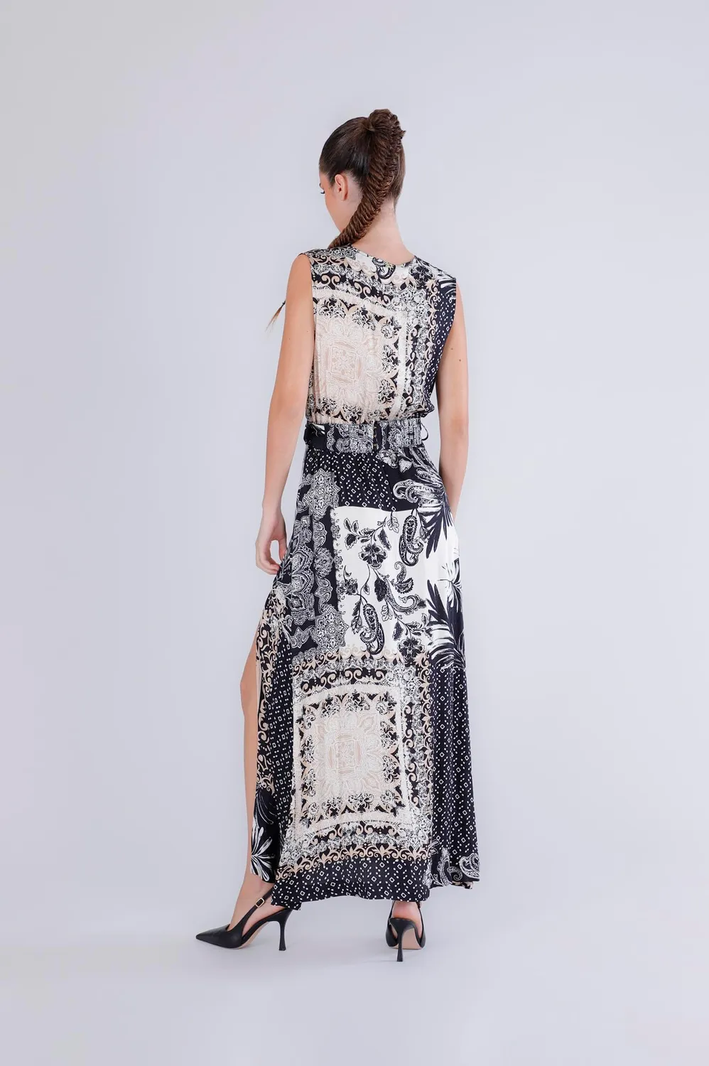 CafèNoir Abito Lungo Smanicato Satin Multi Patchwork