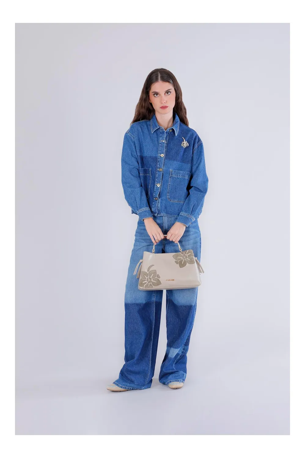 CafèNoir Borsa Mano Effetto Pelle Fiori Kaki