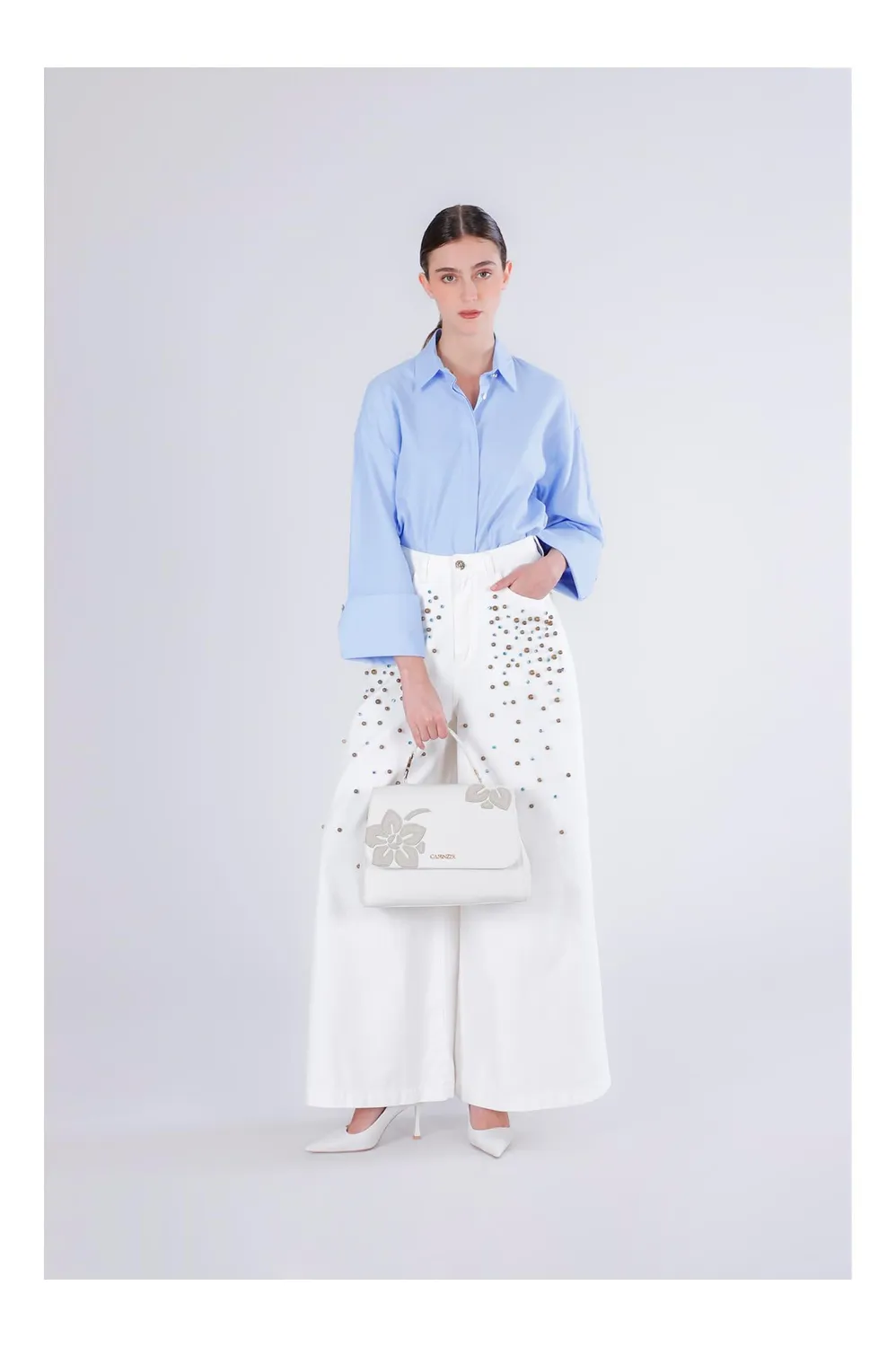 CafèNoir Borsa Mano Donna Effetto Pelle Avorio Fiori