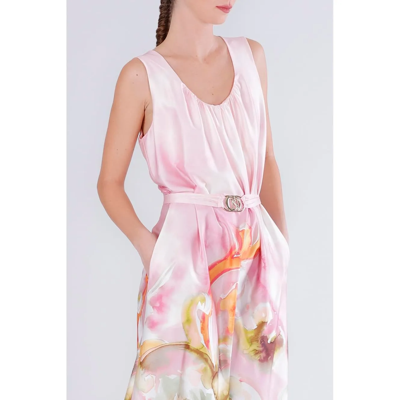 CafèNoir Abito Lungo Satin Fiore Sfumato Rosa M