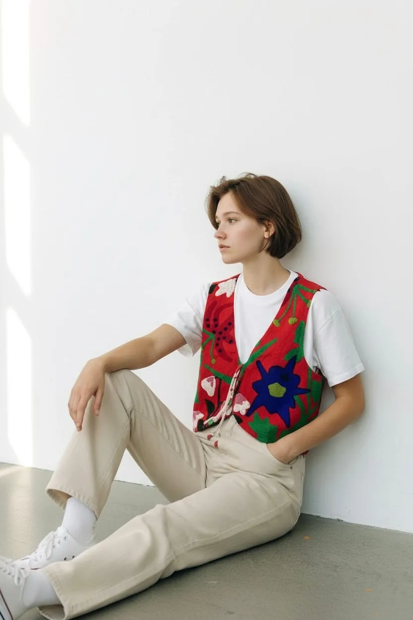 Figus Campanelle Gilet Rosso Cotone S/M Ricamato