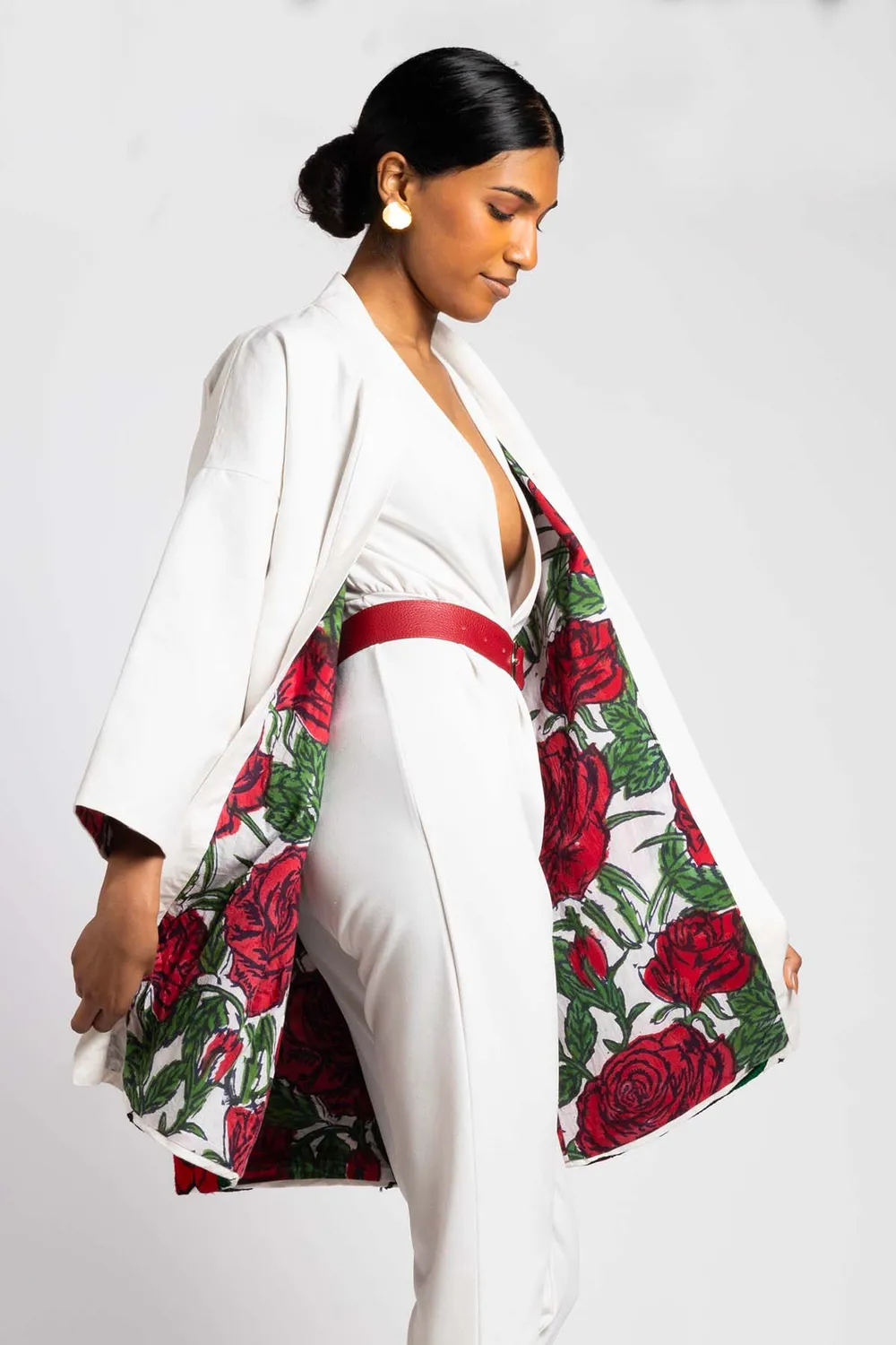 Figus Kimono Roses kimono bianco e rosso cotone