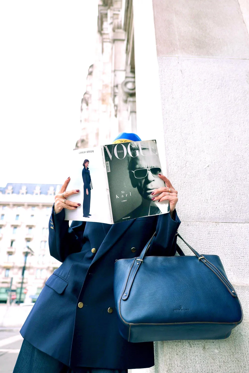 Aigin Milano Borsa Everyday in Pelle Blu pieno fiore