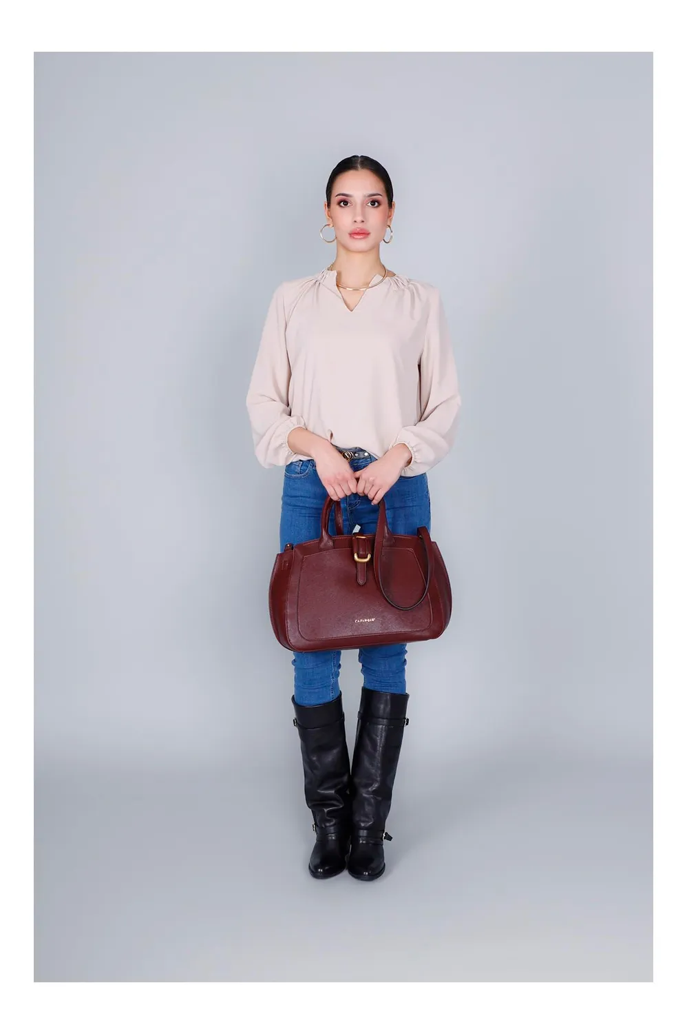CafèNoir Borsa a Mano Saffiano Tasca Applicata Bordeaux