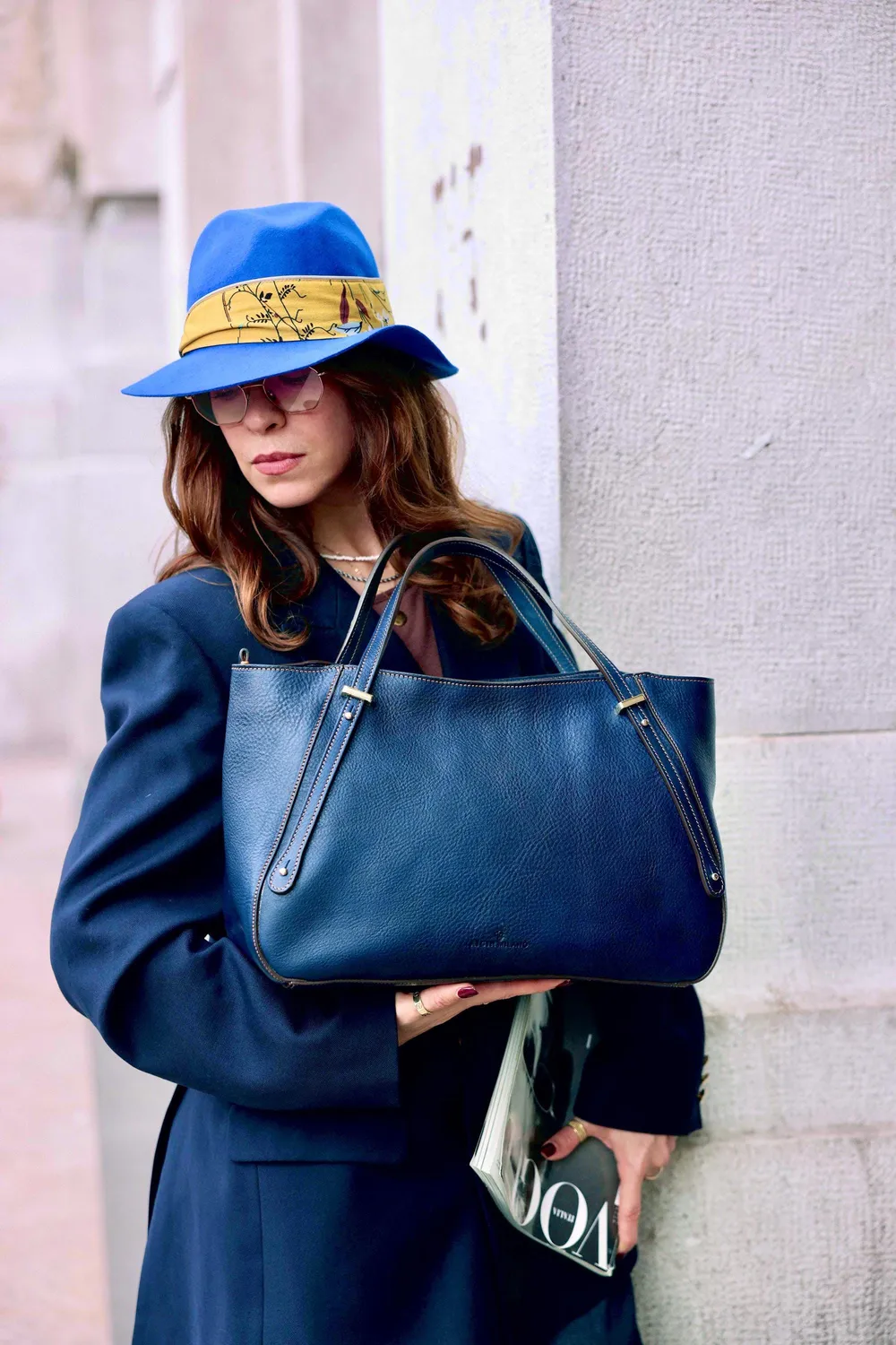 Aigin Milano Borsa Everyday in Pelle Blu pieno fiore