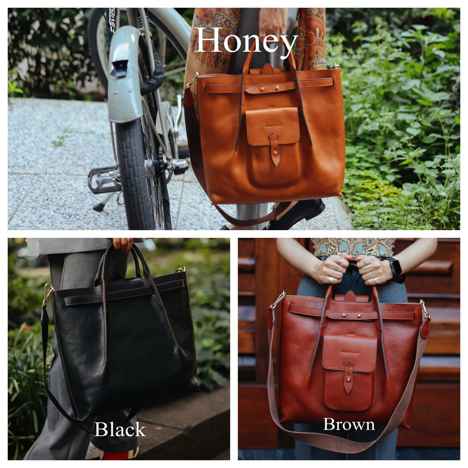 Aigin Milano Tote Bag borsa tote nera tracolla inclusa