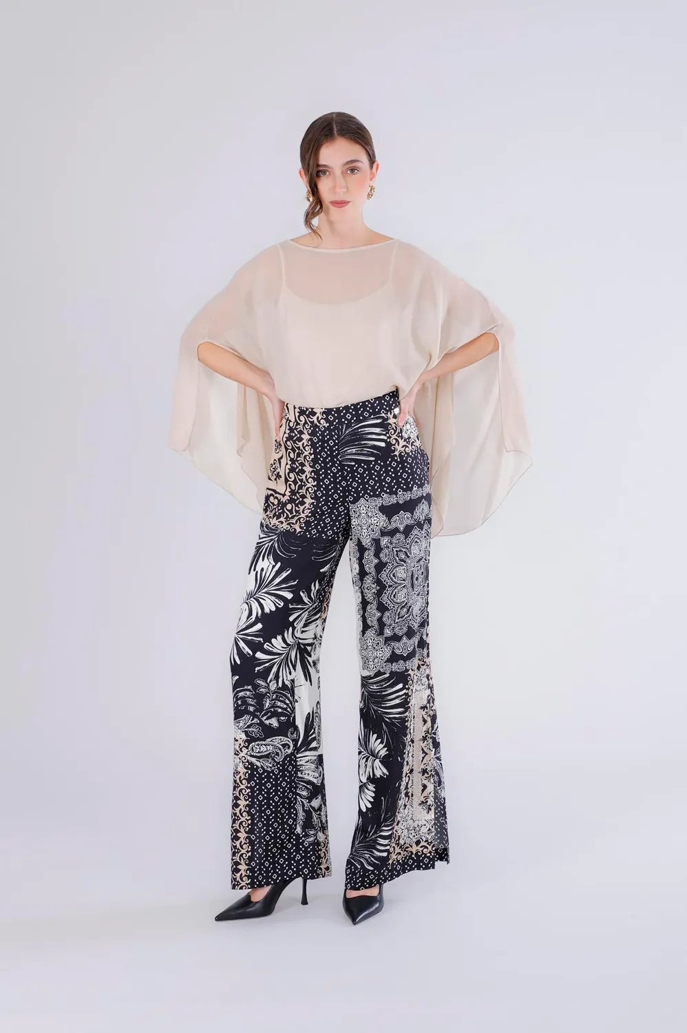 CafèNoir Palazzo Satin Stampato pantaloni 38 patchwork