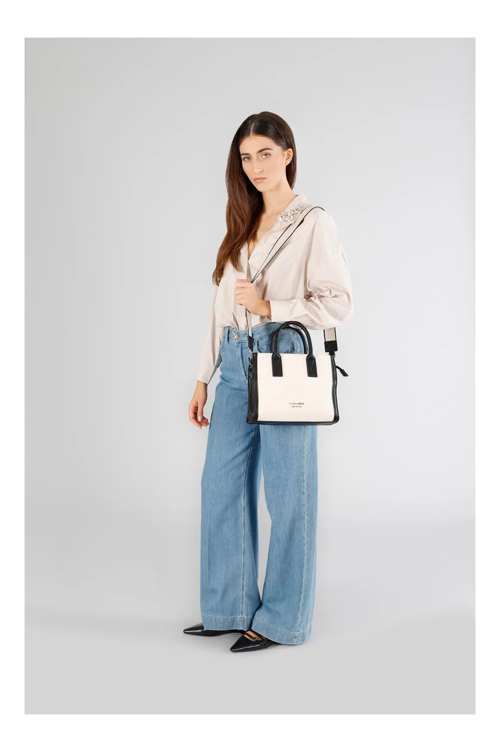 CafèNoir Borsa a Mano Canvas Profili Borsa Nera Manici