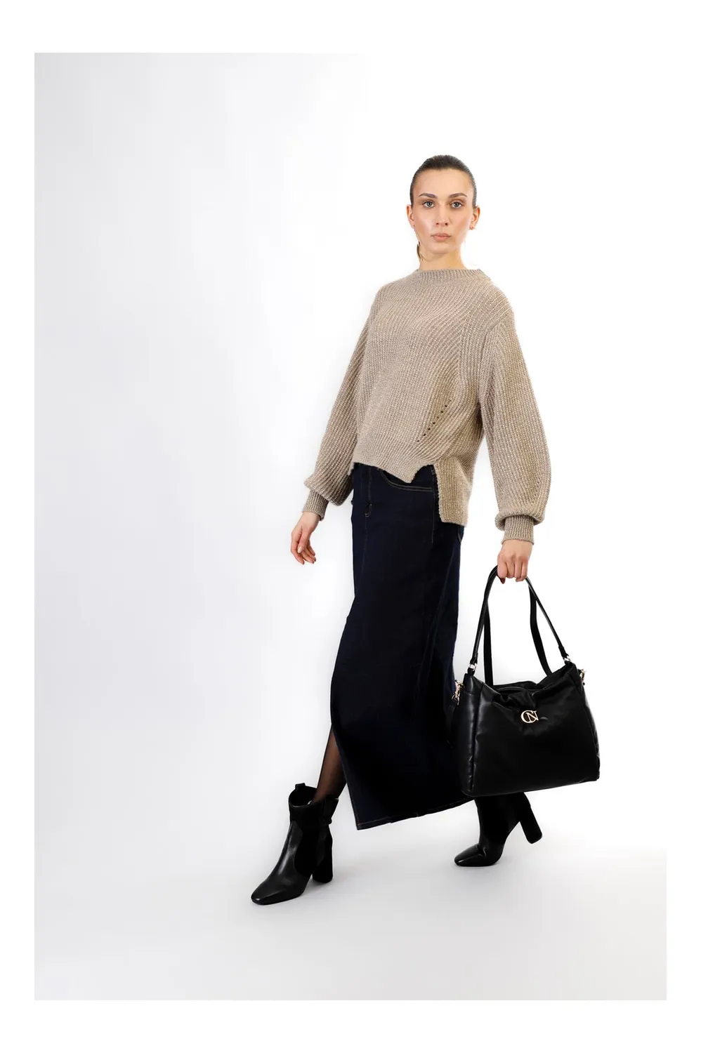 CafèNoir Sacca Puffy Logo Metallo Borsa Nera Cerniera